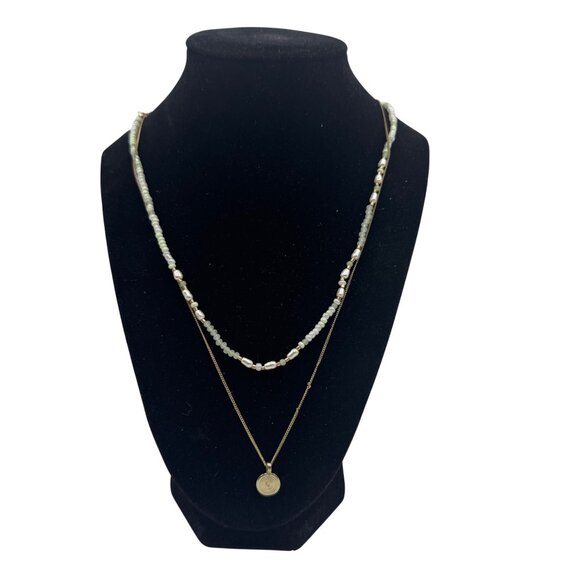 Delicate Double Layered Green and Gold Beaded Pendant Necklace Pearls - Picture 1 of 4
